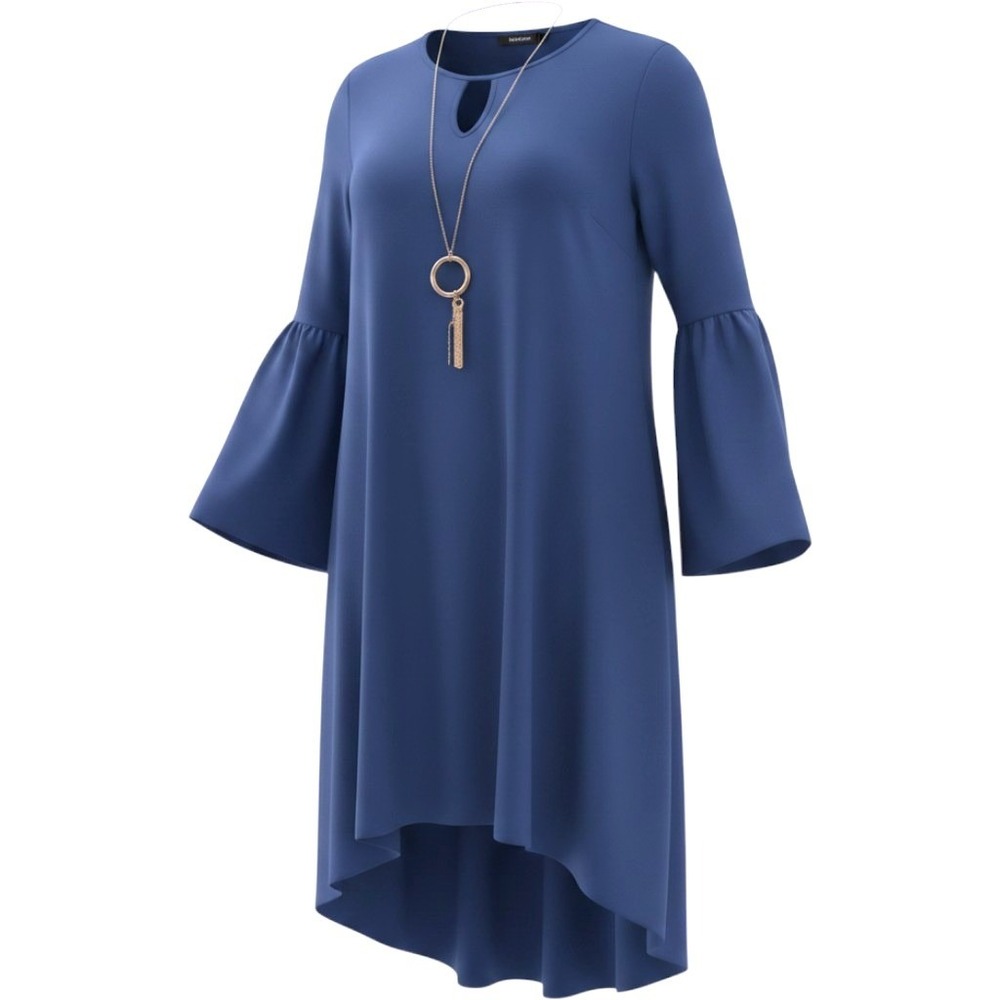 New Directions Blue Shift Dress Womens Size M High Low Bell Sleeve w/ Necklace